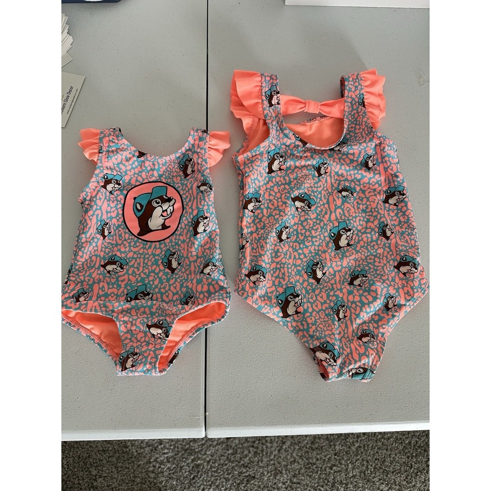 Buc-ees Matching One Piece Swimsuit 9-12 Mo And 4T Ruffle Sleeve Bow Back